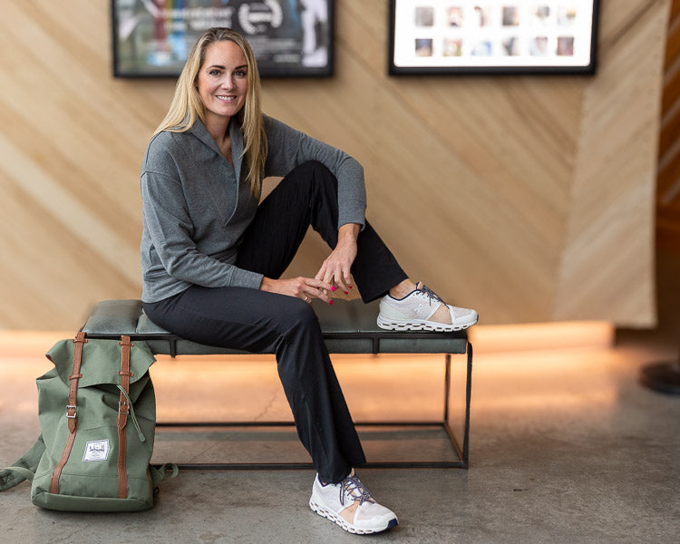 Woman wearing comfortable pants for women — the Alex + Abby Everyday Active Pant for all-day wear