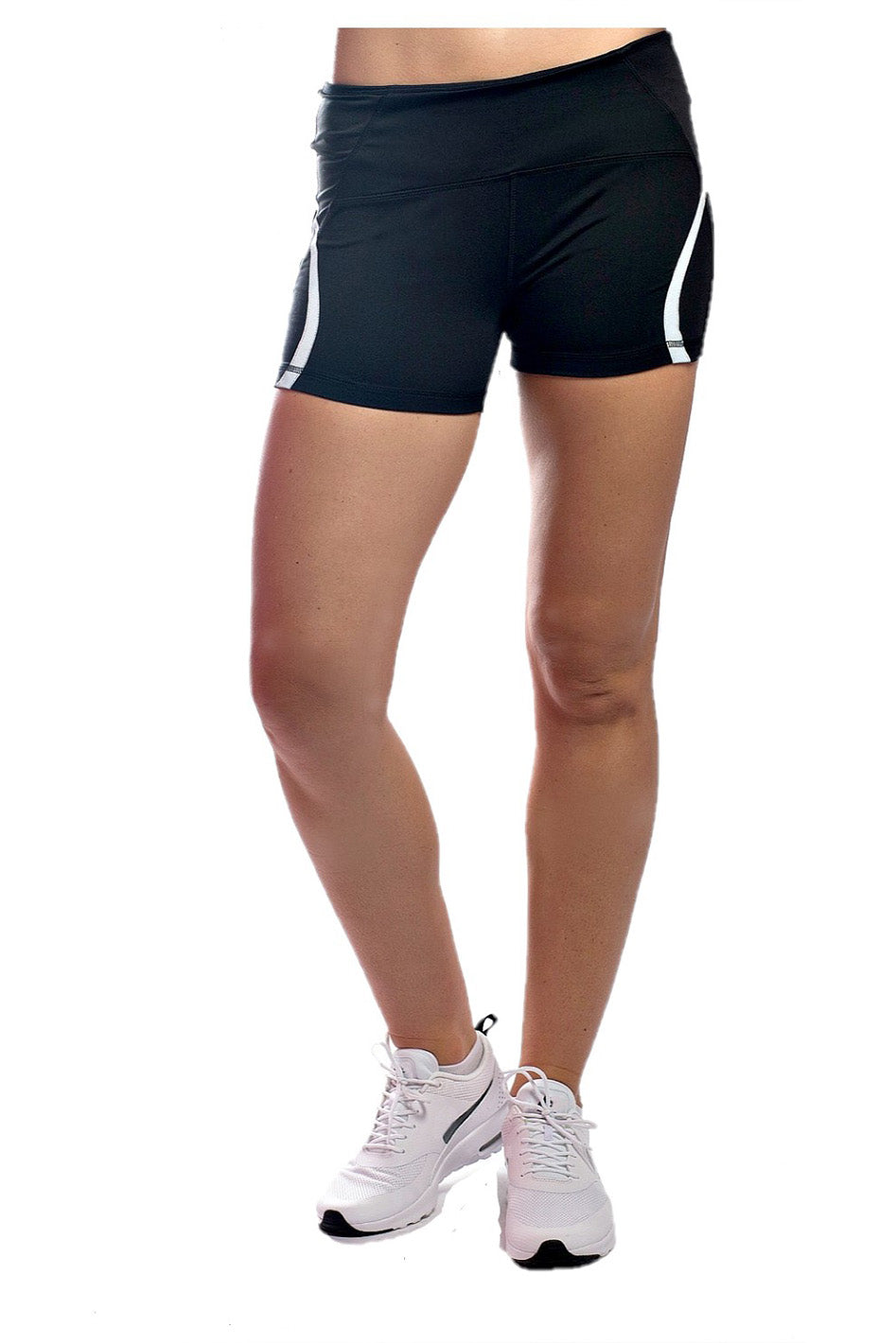#color_black A pair of black shorts with a white waistband, designed for workout or sports activities, featuring a zippered back pocket and reflective details.